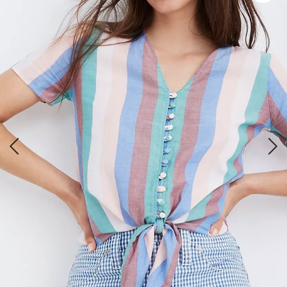 ‼️SOLD‼️Madewell Petite Novel Tie-Front Button Top in Flagstaff Stripe - Picture 3 of 9